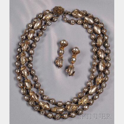 Rare Prototype Three-strand Necklace and Earpendants, Miriam Haskell