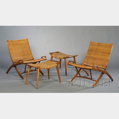 Two Hans Wegner Folding Chairs and Ottomans