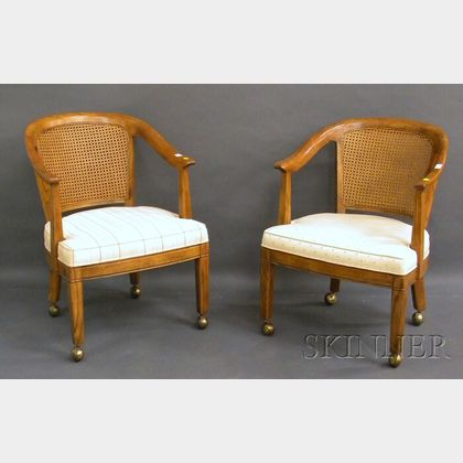 Pair of Henredon Caned and Upholstered Hardwood Armchairs. 
