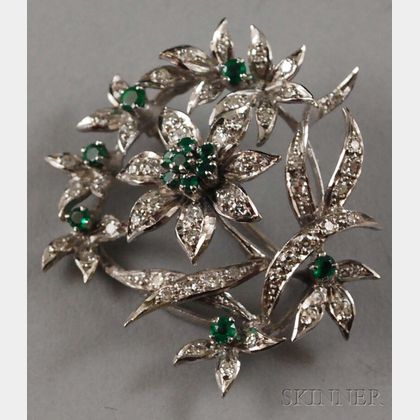 18kt White Gold, Diamond, and Emerald Flower Brooch