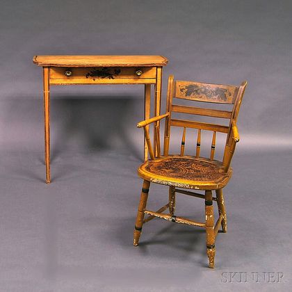 Yellow-painted Stencil-decorated Dressing Table and Thumb-back Windsor Armchair