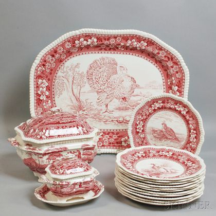 Fifteen Pieces of Copeland Spode Red "Tower" and "Plover" Transfer-decorated Tableware