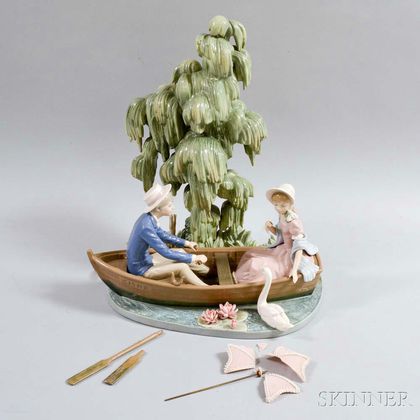 Large Lladro Ceramic Figural Group of a Couple in a Canoe
