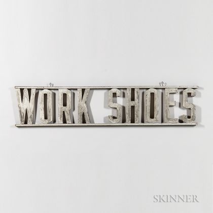 Silver-painted "WORK SHOES" Sign