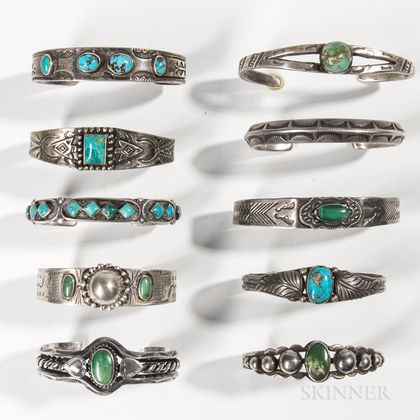 Ten Navajo Silver and Turquoise Bracelets
