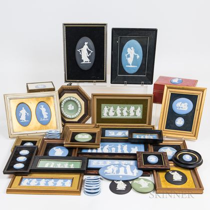 Approximately Forty-five Mostly Wedgwood Jasper Plaques and Medallions. Estimate $150-250