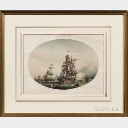 Five Framed Prints of Historic Naval Vessels and Battles:, Vaisseau Francaise 1806, Capture of the Cleopatra by the Nymphe, Battle Betw