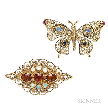 Two 14kt Gold Gem-set Brooches