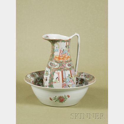 Chinese Porcelain Rose Medallion Water Pitcher and Similar Basin
