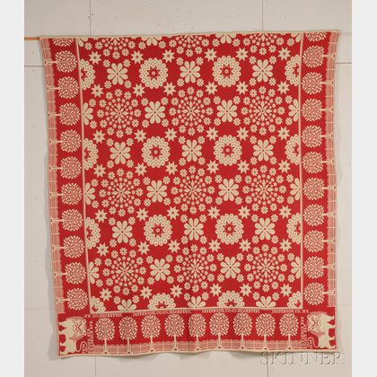Red and White Woven Wool and Cotton Coverlet