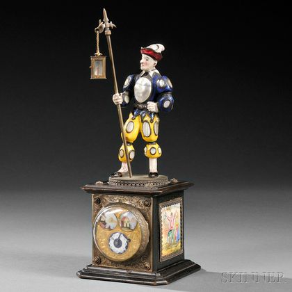 Viennese Silver, Enamel, and Freshwater Pearl Figural Clock