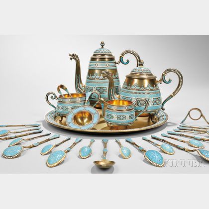 Extensive David Andersen Sterling Silver and Cloisonné-enameled Tea and Coffee Service