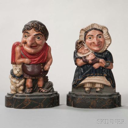 Pair of Cast Iron Polychrome Punch and Judy Doorstops