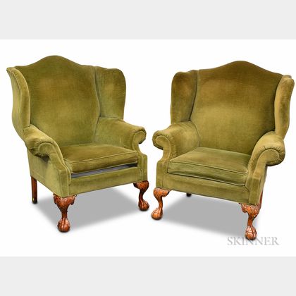 Pair of Chippendale-style Carved Mahogany Upholstered Wing Chairs