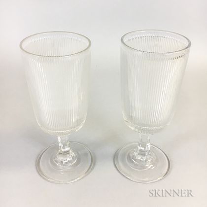 Pair of Colorless Reeded Pressed Glass Goblets