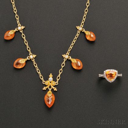 Two Pieces of Gold, Spessartite Garnet, and Diamond Jewelry