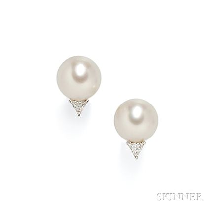 18kt White Gold, South Sea Pearl, and Diamond Earstuds