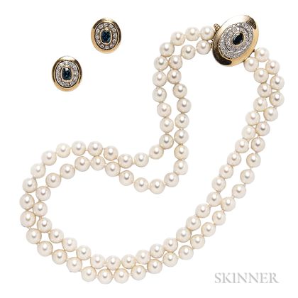 14kt Gold, Cultured Pearl, Sapphire, and Diamond Necklace and Earrings