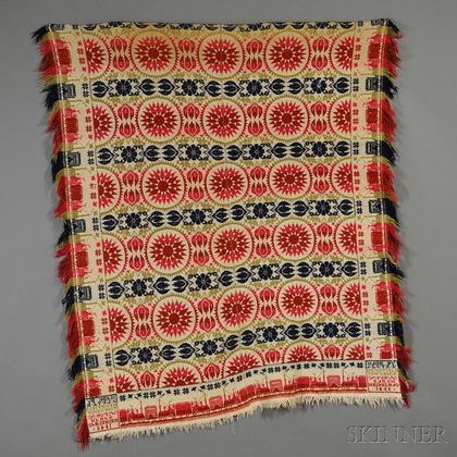 Four-color Woven Wool and Cotton Tied-beiderwand Coverlet with Railroad Car Border