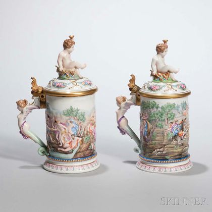Pair of Capo di Monte-style Porcelain Steins