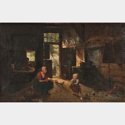 Jan Derk Huibers (Dutch, 1829-1919) Mother and Child with Flowers in a Barn Interior