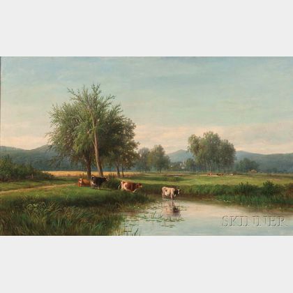 Joseph Antonio Hekking (American, 1830-1903) Verdant Landscape with Cows at a Watering Hole