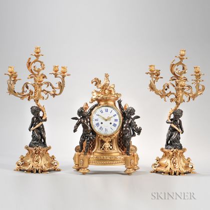 Assembled Louis XV/XVI-style Gilt-bronze Clock Garniture