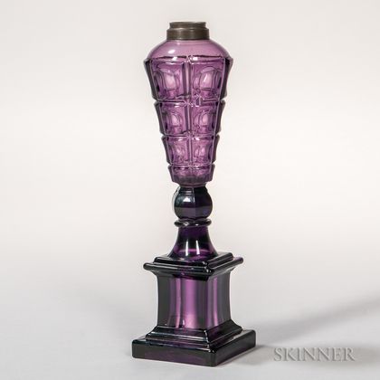 Amethyst Pressed Glass Four-printie Block and Monument Base Lamp