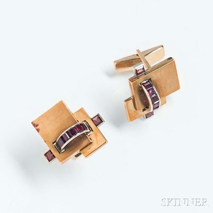 Pair of 14kt Bicolor Gold and Garnet Cuff Links