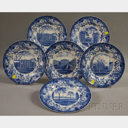 Set of Six 1927 Wedgwood Blue and White Harvard University Dinner Plates