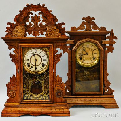 Two Oak Gingerbread Mantel Clocks