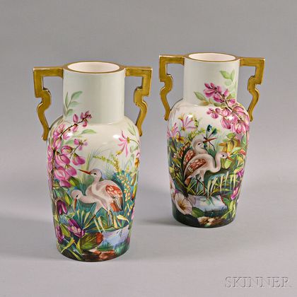 Pair of Continental Hand-painted Porcelain Vases