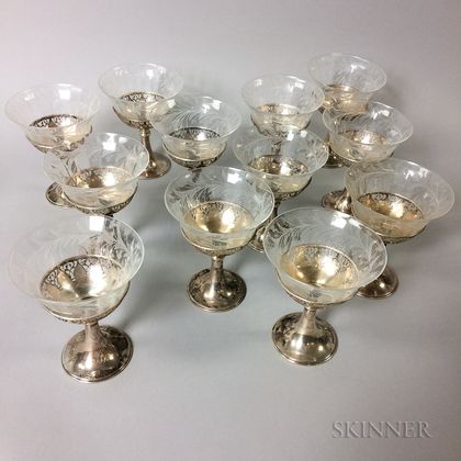 Set of Twelve Sterling Silver Sherbet Sleeves with Cut Glass Inserts