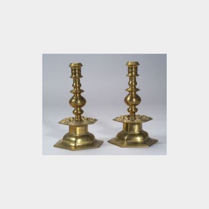 Pair of Brass Candlesticks with Hexagonal Bases