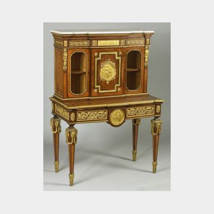 Fine Louis XVI Style Gilt-Bronze Mounted Marble-top and Tulipwood Parquetry and