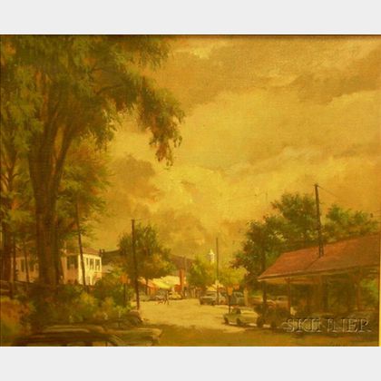 Framed Oil on Canvas of the Corners of Elm and Park Street in New Canaan