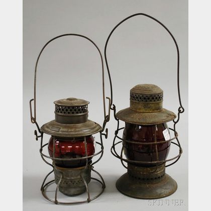 Two Tin New York Railroad Kerosene Lanterns with Red Molded Glass Globes