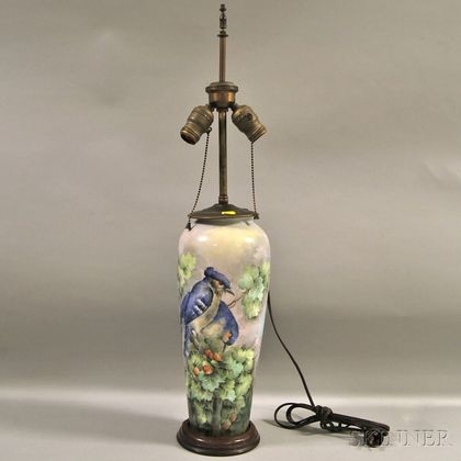 Hand-painted Blue Jay-decorated Porcelain Vase/Table Lamp