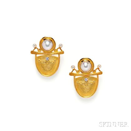22kt Gold, Mabe Pearl, and Diamond Earrings