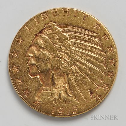 1915 $5 Indian Head Gold Coin. Estimate $300-400