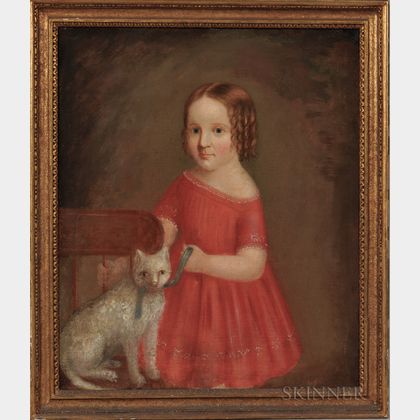 American School, 19th Century Portrait of a Girl in a Red Dress with a Cat