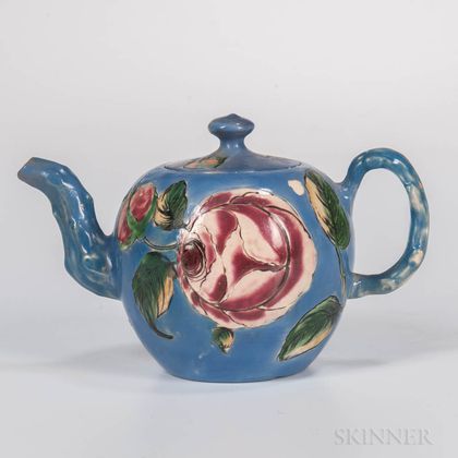 Staffordshire Salt-glazed Stoneware Enameled Teapot and Cover