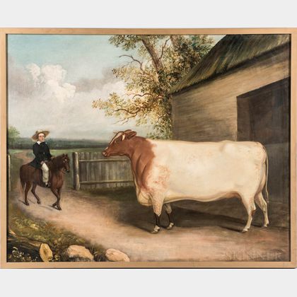 Anglo/American School, 19th Century Portrait of a Cow and Horse and Rider