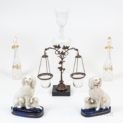 Group of Glass Items, Staffordshire Dogs, and a Glass and Brass Scale