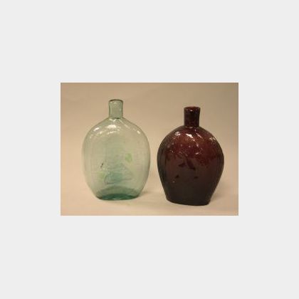 Amethyst Blown Molded Grape and Eagle Flask and an Aqua Blown Molded Washington-Taylor Flask. 