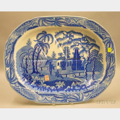 English Blue and White Transfer Oriental Scenic Staffordshire Well and Tree Platter