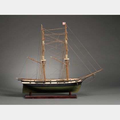 Painted Wooden Two-Masted Sailing Ship Model Truxton