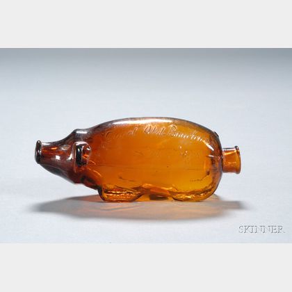 Amber Molded Figural Hog-form Glass Bourbon Flask