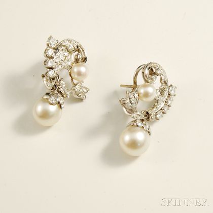 14kt White Gold, Diamond, and Pearl Earclips