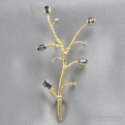 22kt and 14kt Gold, Sapphire, and Diamond Twig Brooch, Sam Shaw